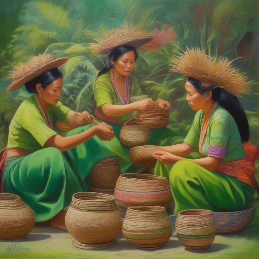 Balinese women skillfully weaving intricate patterns on traditional Ata baskets using time-honored techniques.