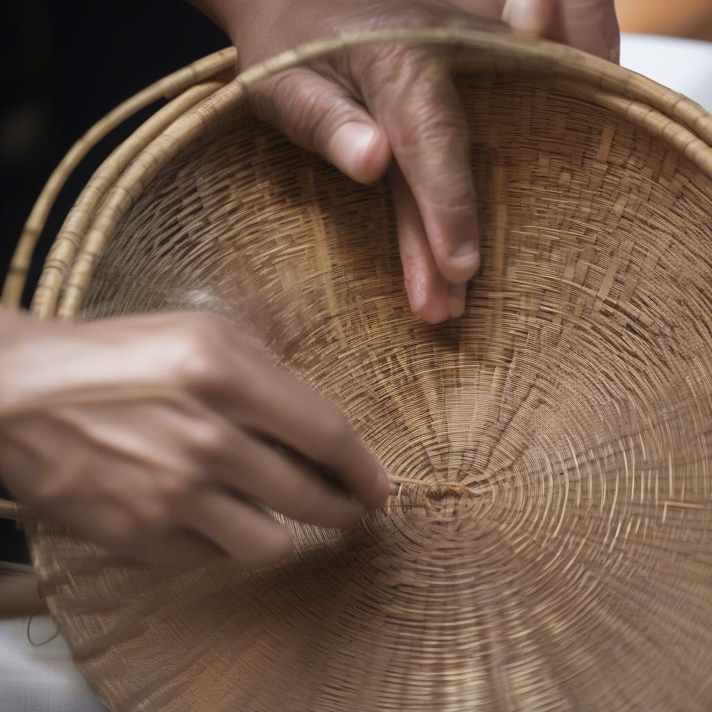 Close-up of hands weaving a bamboo basket