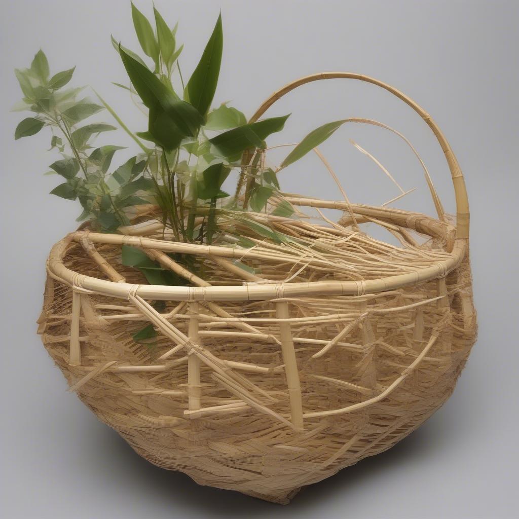 A bamboo frame being used as the foundation for a large jungle woven basket.