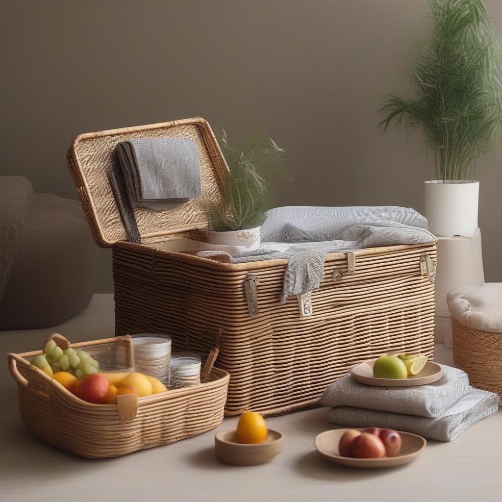 Bamboo weave picnic basket used for various purposes like home decor and storage.