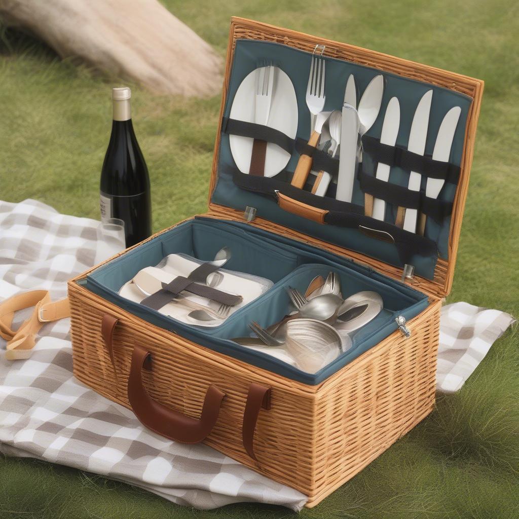 Close-up view of a bamboo picnic basket showcasing its features like compartments, straps, and closures.