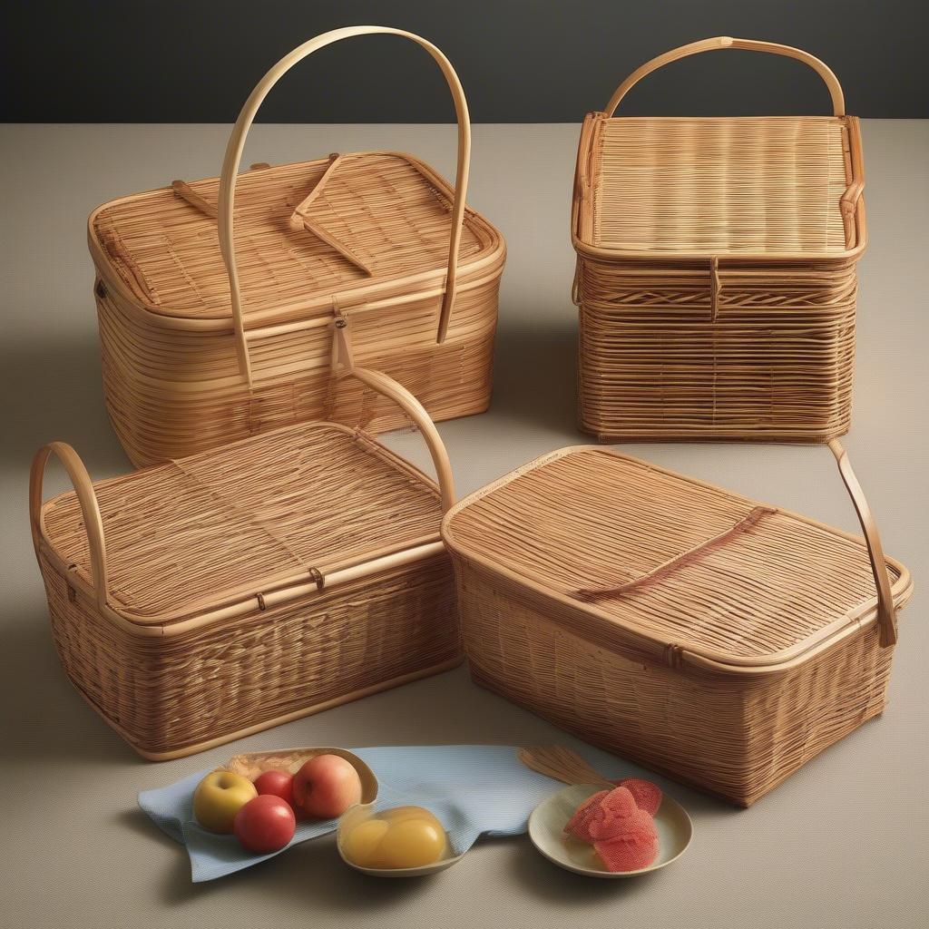 Various styles of bamboo weave picnic baskets showcasing different sizes, shapes, and features