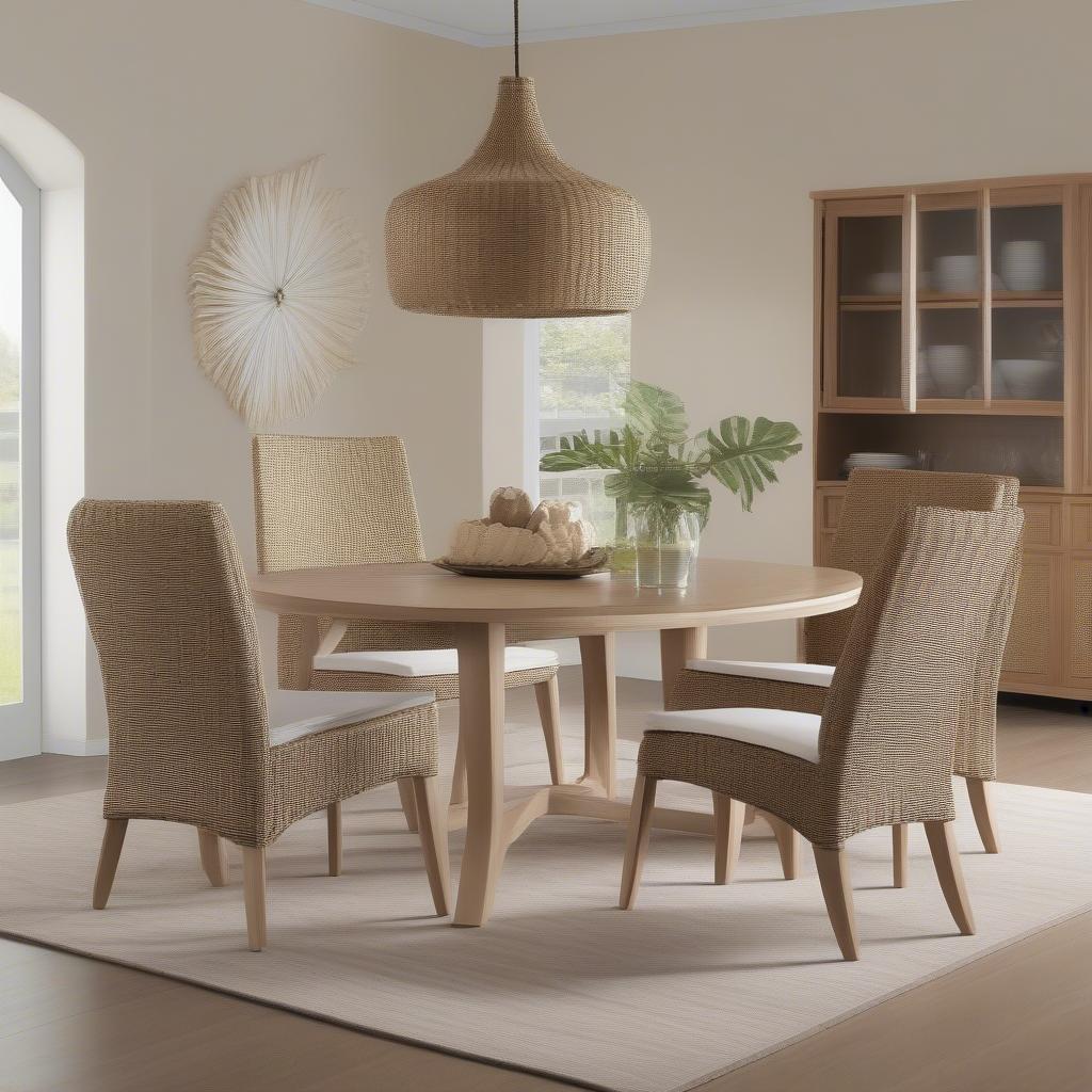 A complete banana weave dining set in a modern dining room, showcasing the chairs with fitted cushions and a matching table.