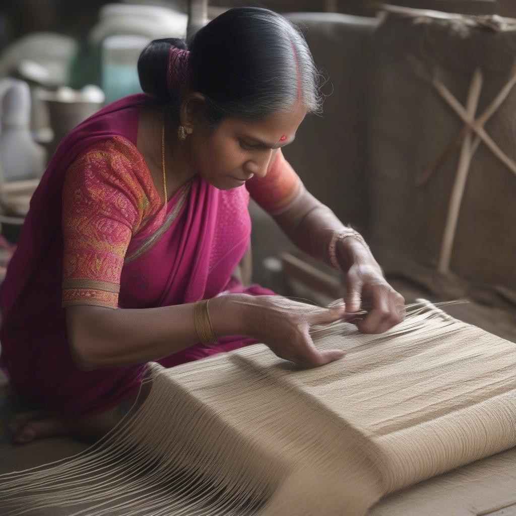 Bangladeshi artisan weaving a bag