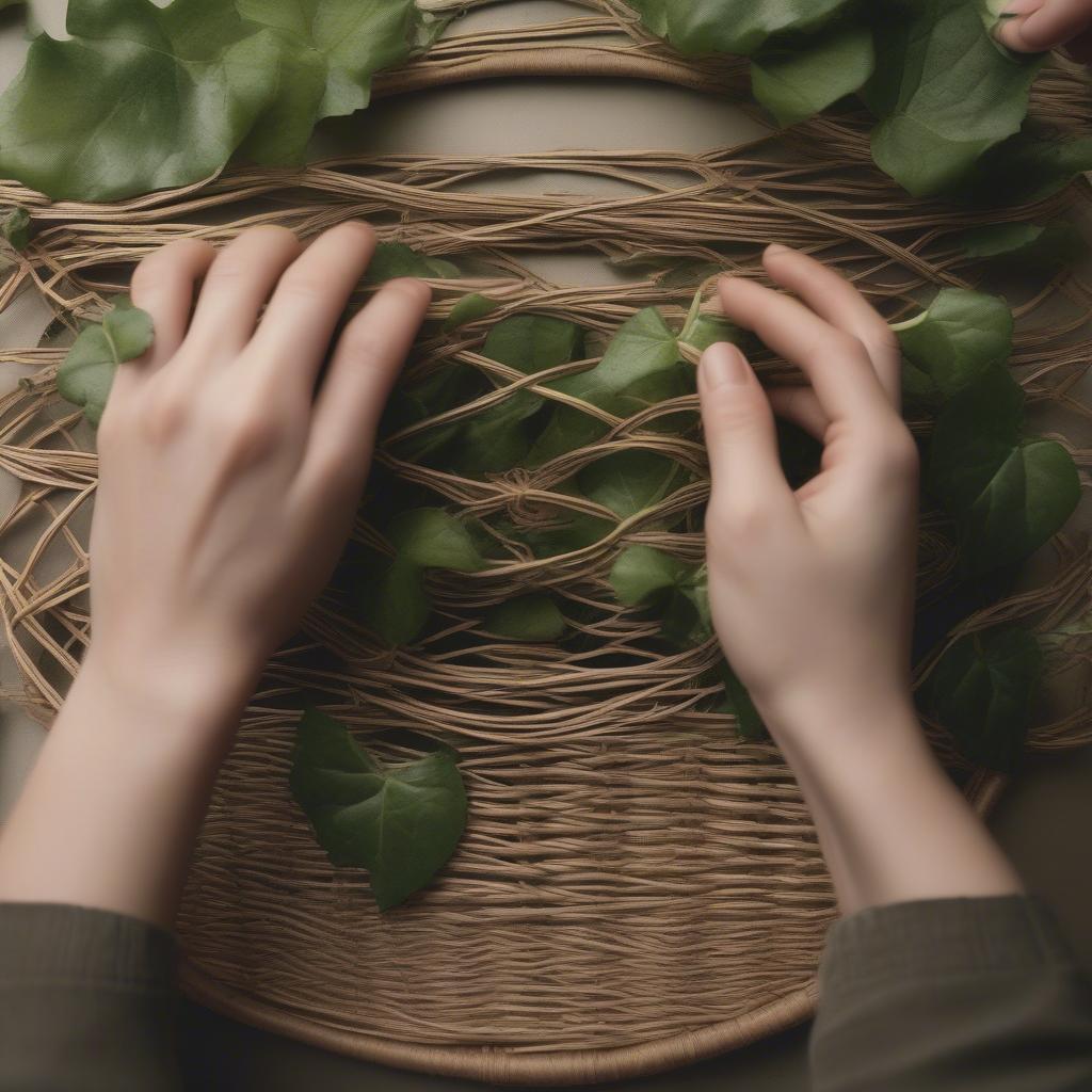 English Ivy Basket Weaving Basics: Close-up of hands weaving English ivy vines, demonstrating the basic over-under technique.