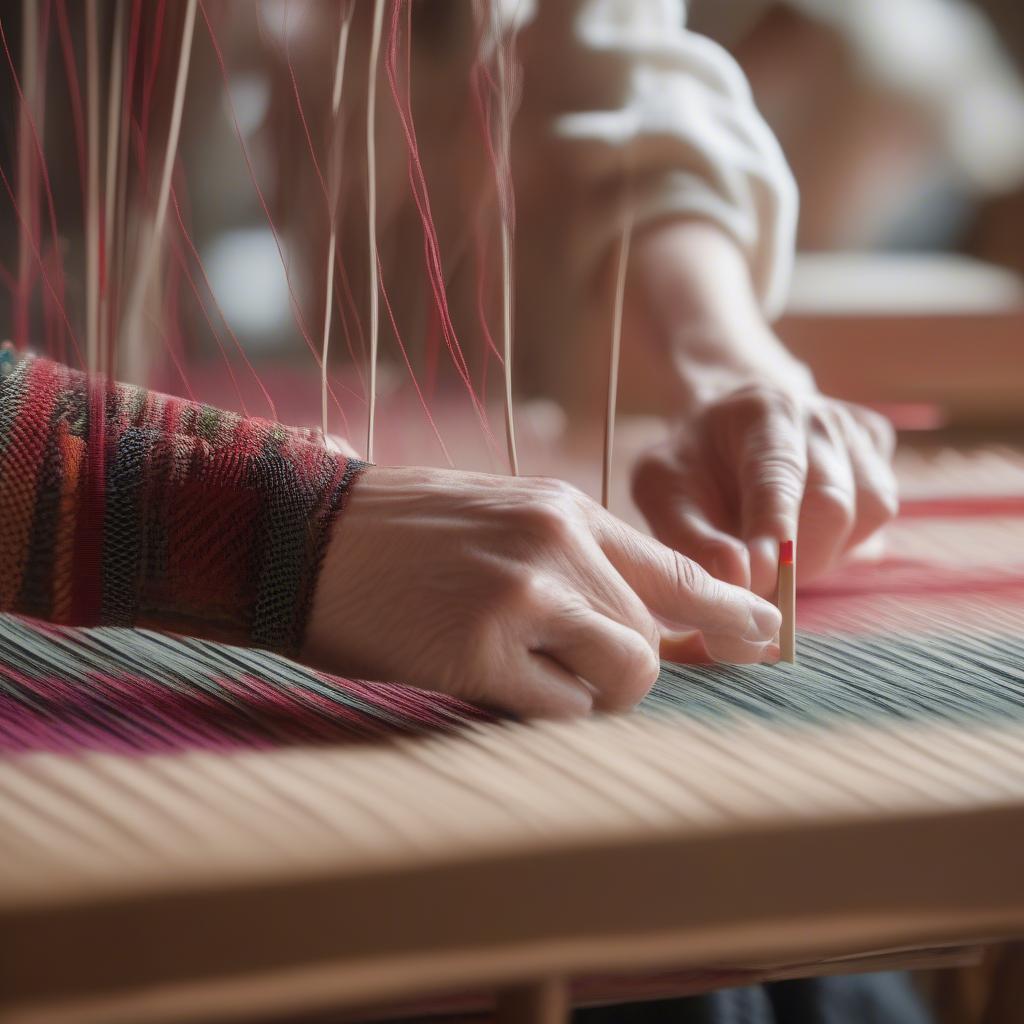 Close-up of hands manipulating cards on a table loom, demonstrating a basic weaving technique