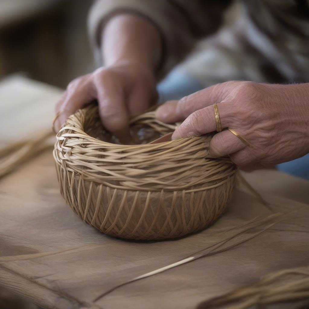 Basic Willow Basket Weaving Techniques: Demonstrating the God's eye, pairing weave, and randing.