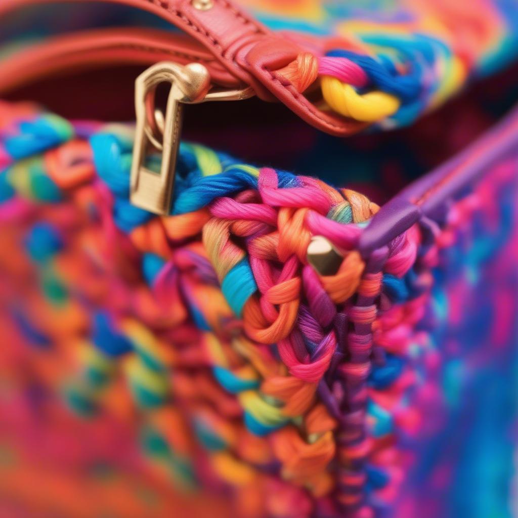 Close-up of a basket weave acrylic purse showcasing the intricate stitch work and vibrant color.