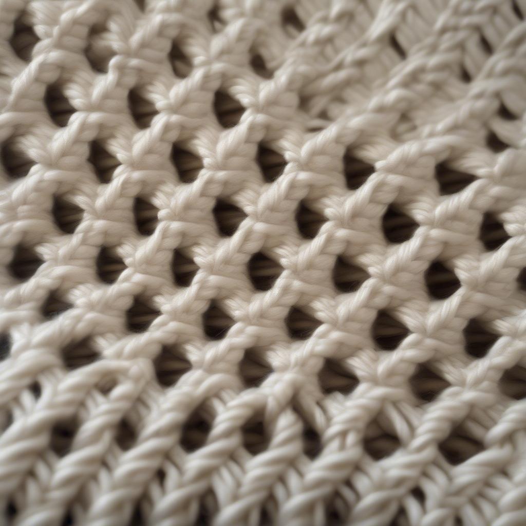 Close-up of a basket weave stitch pattern on a knitted afghan, showcasing the texture and detail.