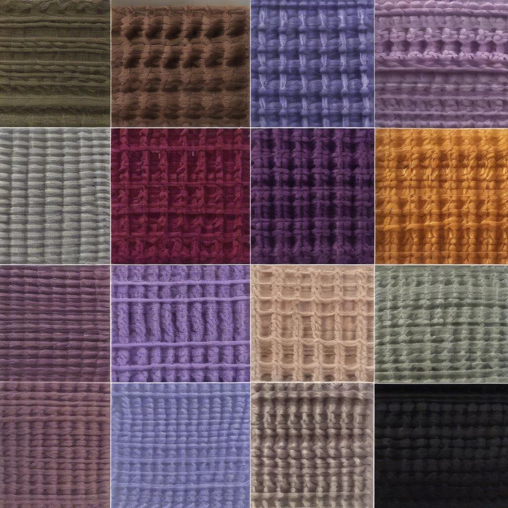 Several basket weave afghan swatches made with different yarn weights, demonstrating the versatility of the pattern.