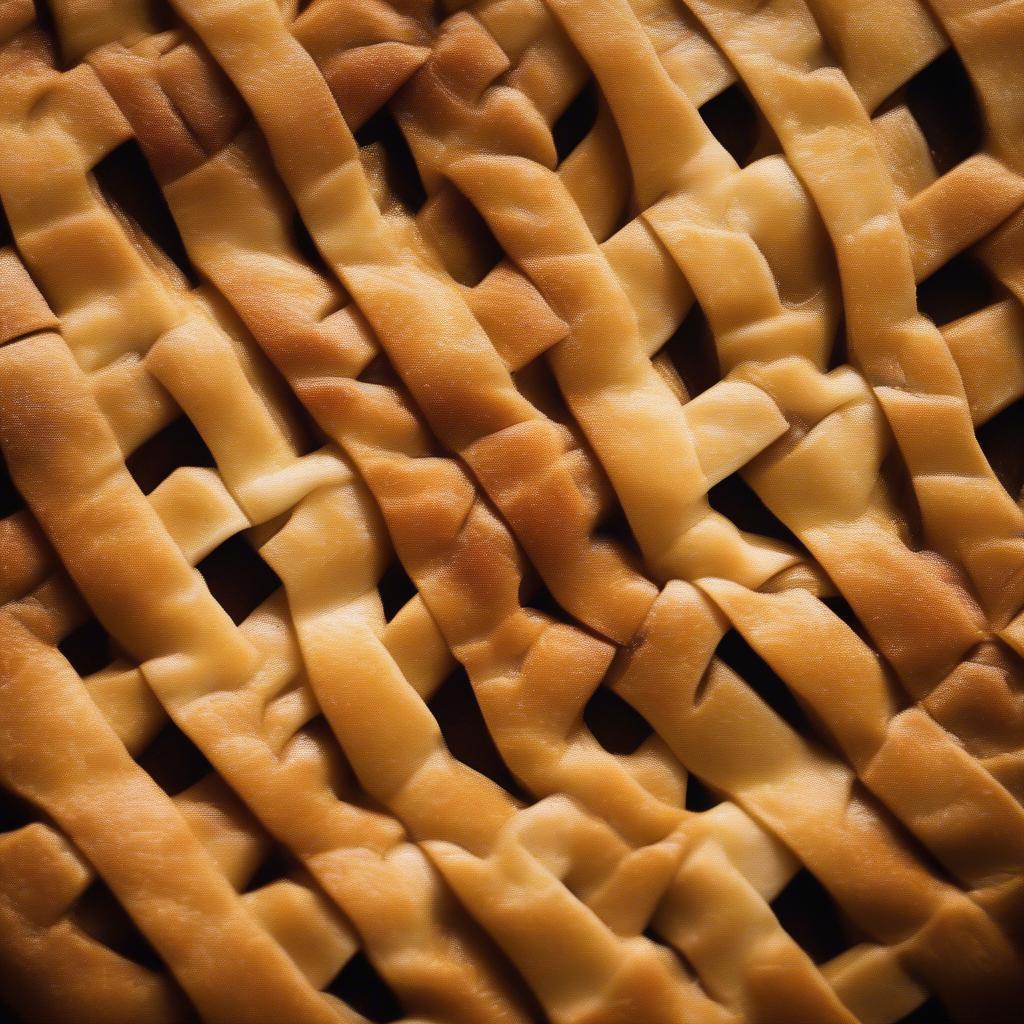 Close-up of a golden-brown basket weave apple pie crust, showcasing the intricate woven pattern and the glistening apple filling peeking through.