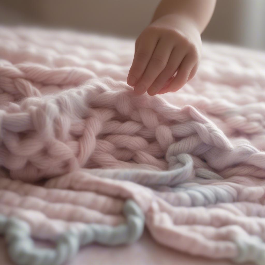 Close-up of hands knitting a basket weave baby blanket using a free pattern