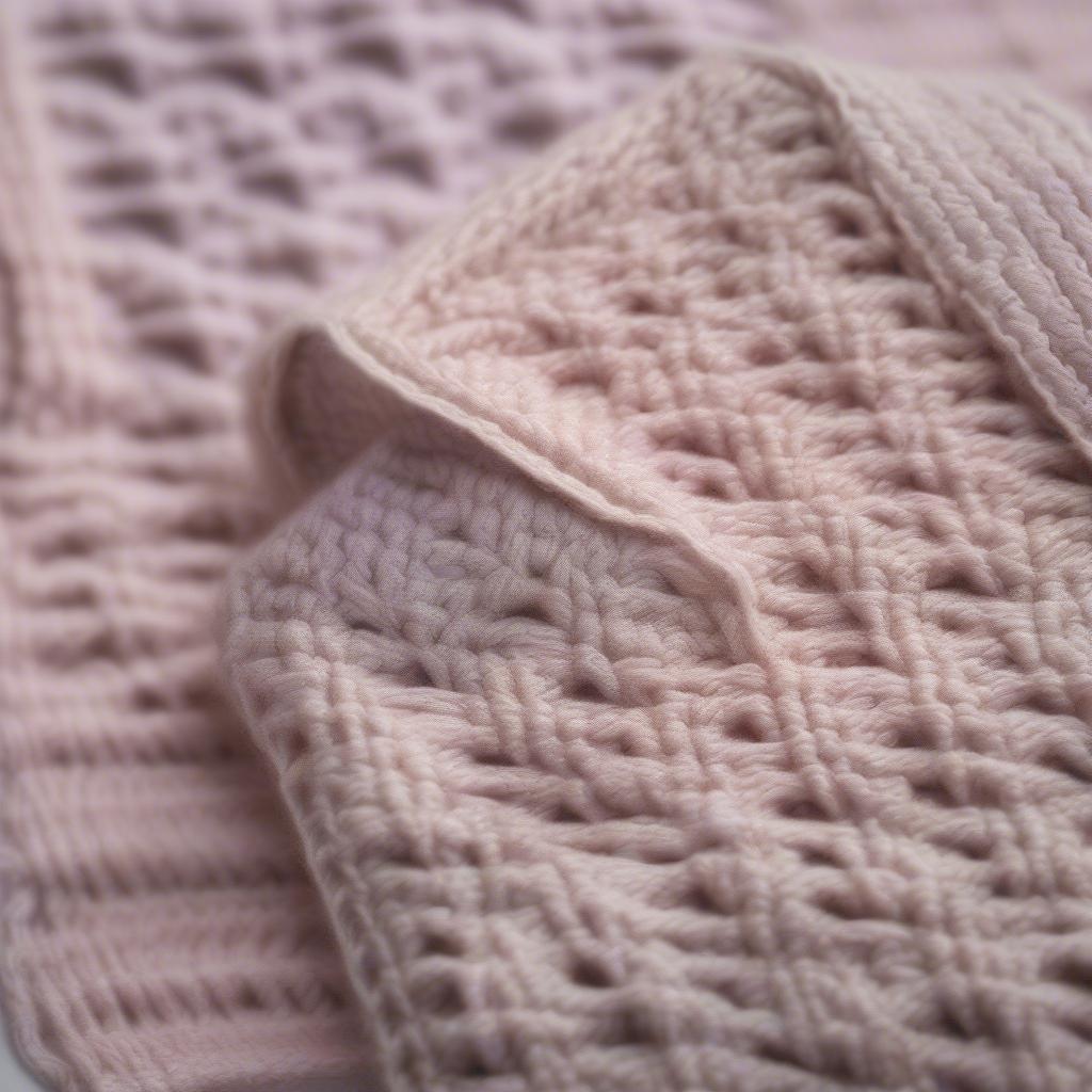 Close-up of a baby cardigan knitted with the basket weave stitch, showcasing the intricate texture and detailing of the knitwork