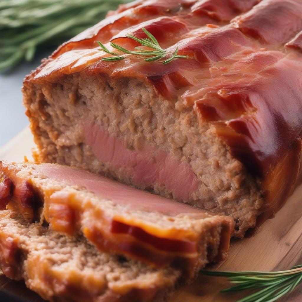 Basket weave bacon wrapped chicken meatloaf, freshly baked and glistening.