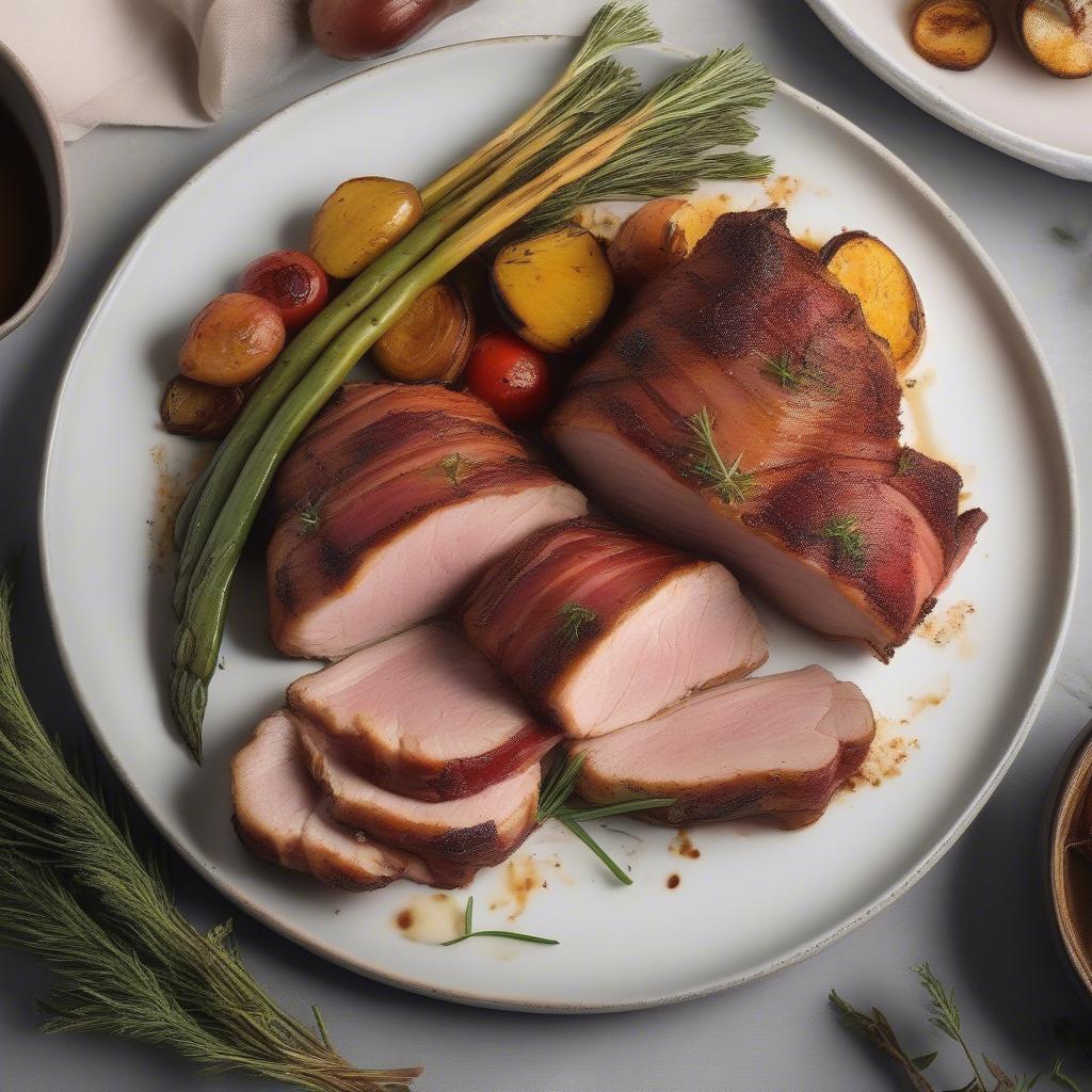 Plated Basket Weave Bacon Wrapped Pork Tenderloin