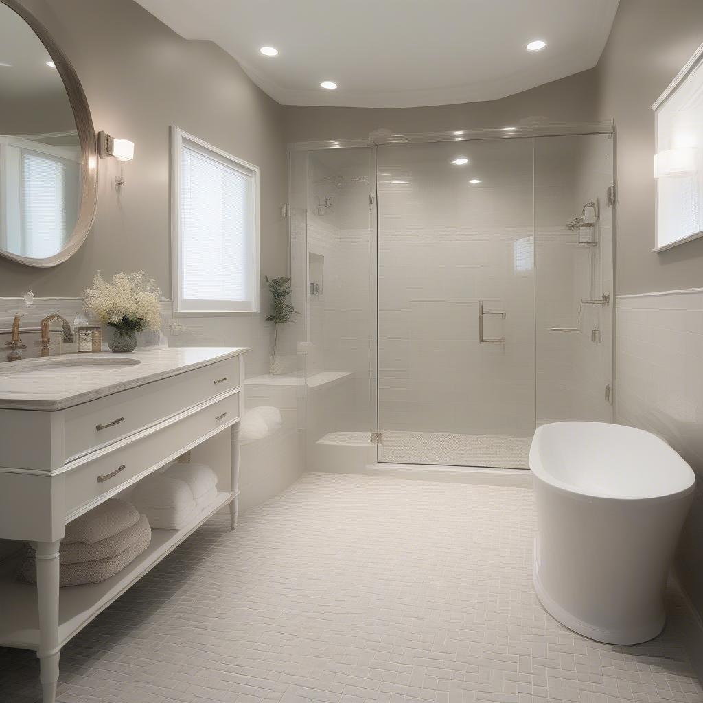 Basket Weave Bathroom Design: A beautifully designed bathroom featuring a basket weave tile floor and complementary wall tiles.