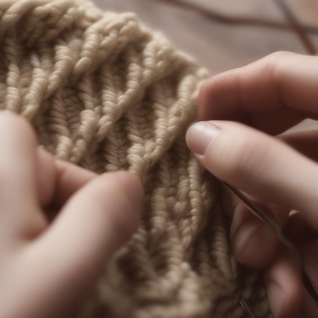 Close-up view of a hand knitting a basket weave beanie pattern, showcasing the intricate texture and yarn.