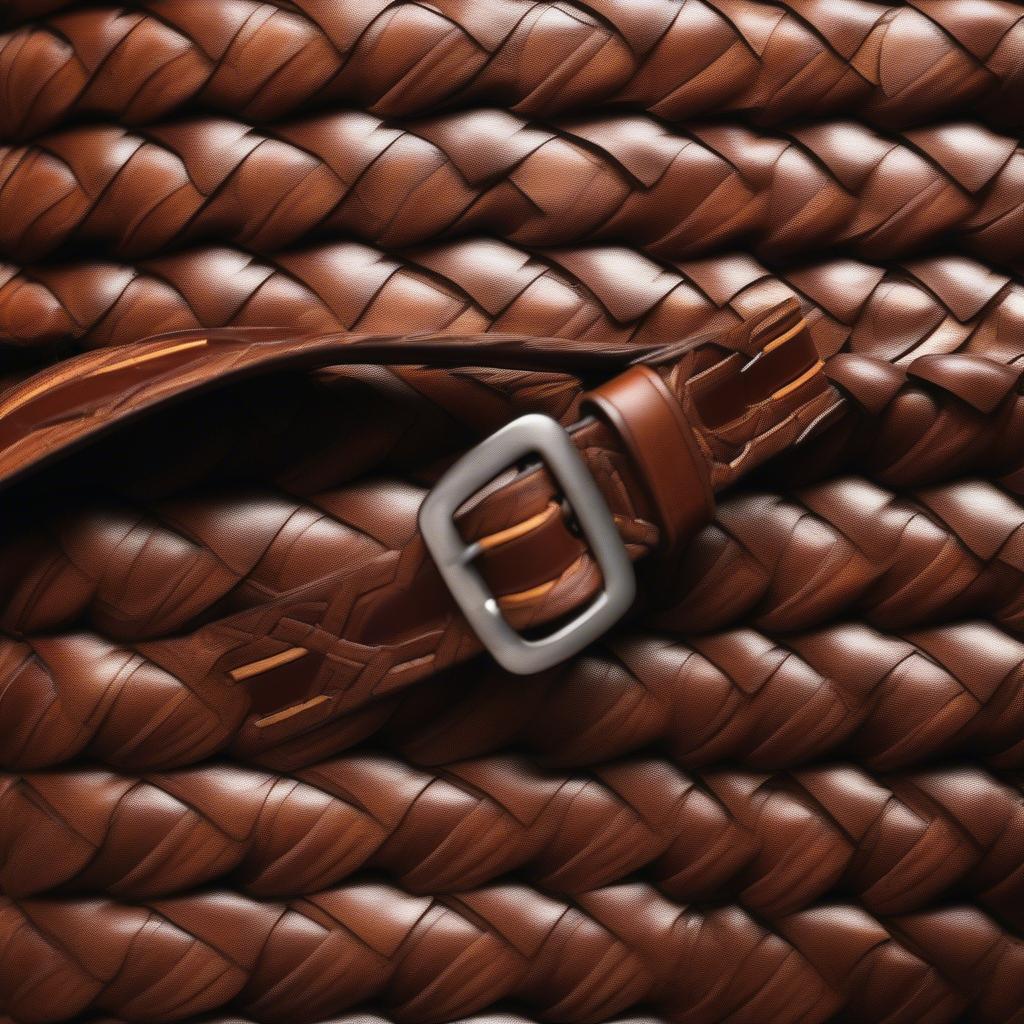 Close-up view of a basket weave leather belt