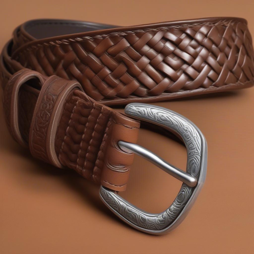 Close-up of a basket weave belt showcasing the intricate woven pattern and the sturdy metal d-ring.