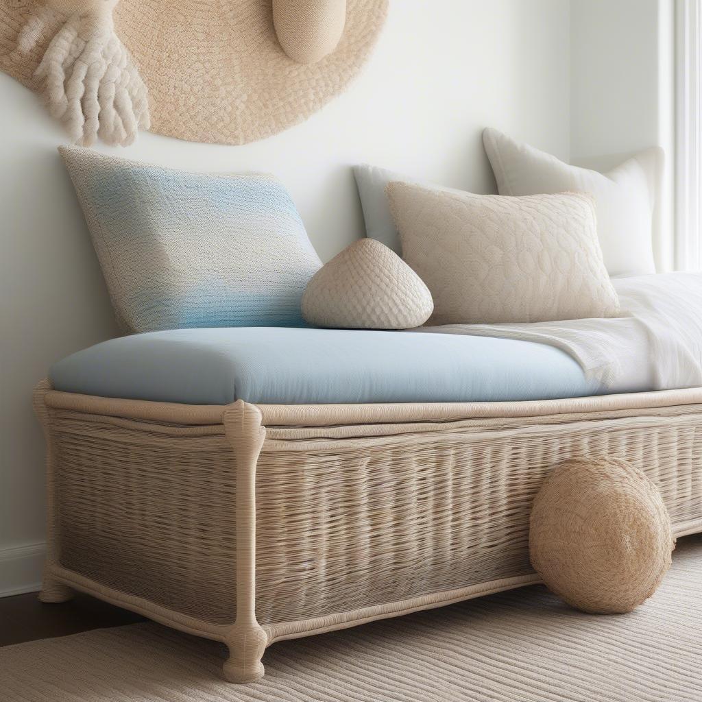 Basket weave bench in a coastal-themed bedroom