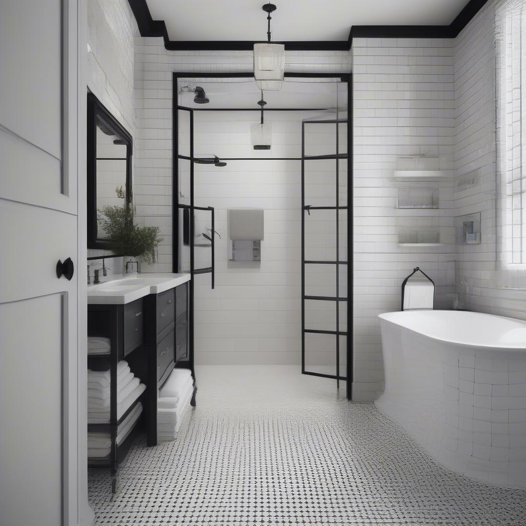 Black and white basket weave tile flooring in a modern bathroom.