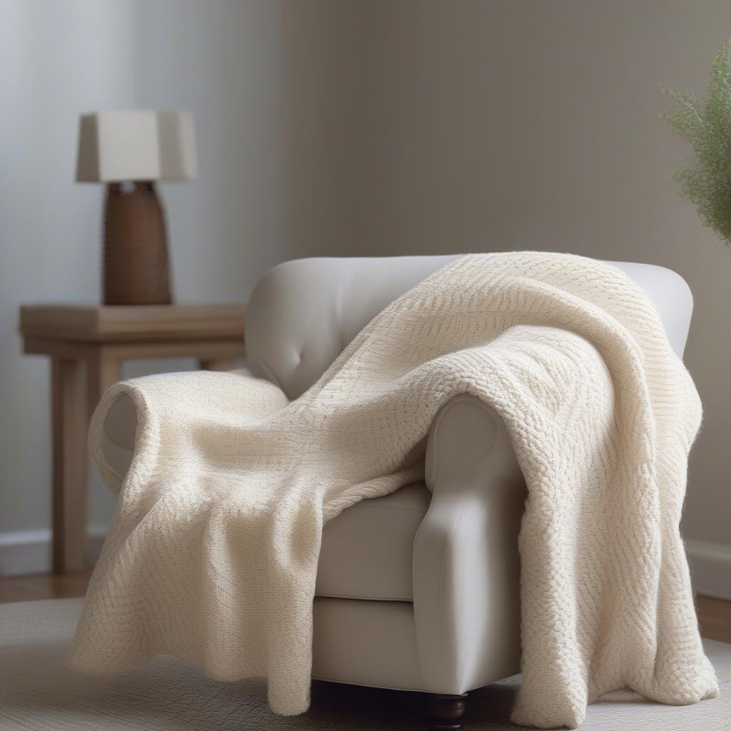 A cozy basket weave knitted blanket draped over a chair with a matching basket weave pillow.