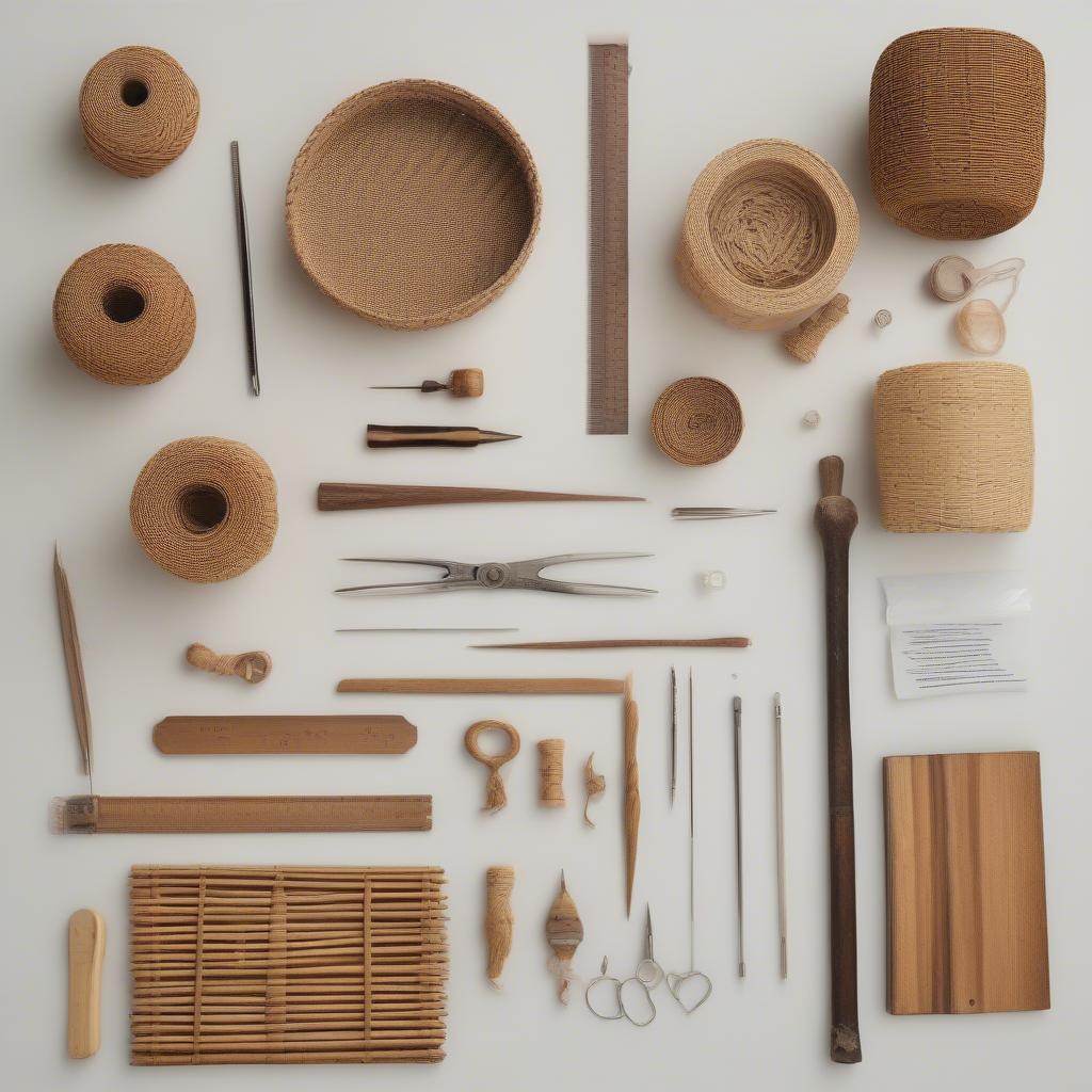 Basket weaving materials and tools arranged for creating the brick pattern, including rattan, wicker, and a weaving needle.