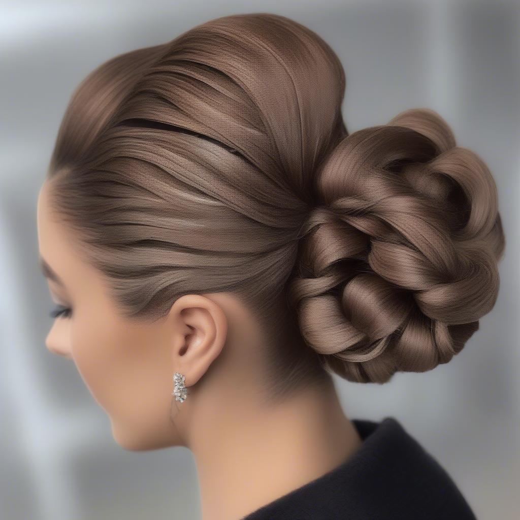 A finished basket weave bun hairstyle, showcasing the intricate woven pattern and elegant appearance.