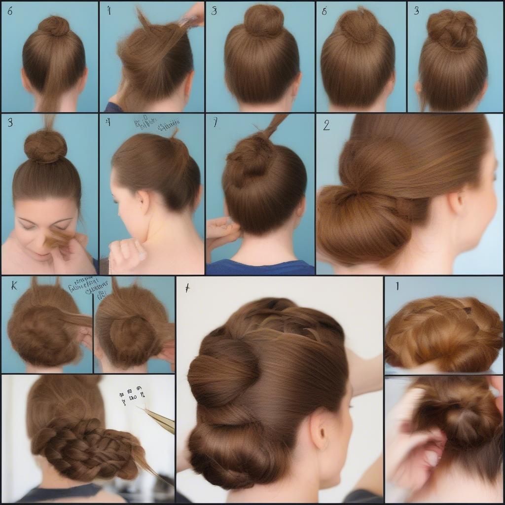 Step-by-step visual guide on how to create a basket weave bun, highlighting each stage of the process.