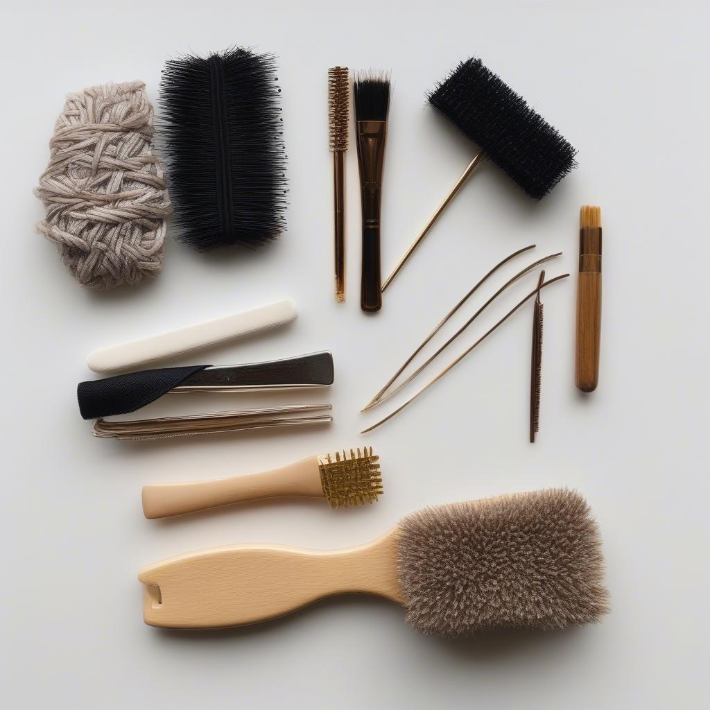 Essential tools for creating a basket weave bun, including bobby pins, hair ties, and a brush.