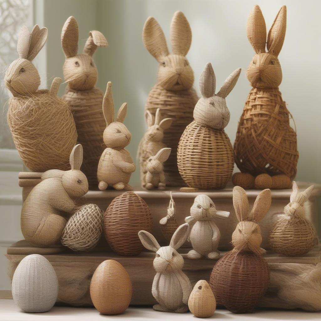 Basket weave bunnies in various sizes and styles, showcasing different weaving techniques and materials.