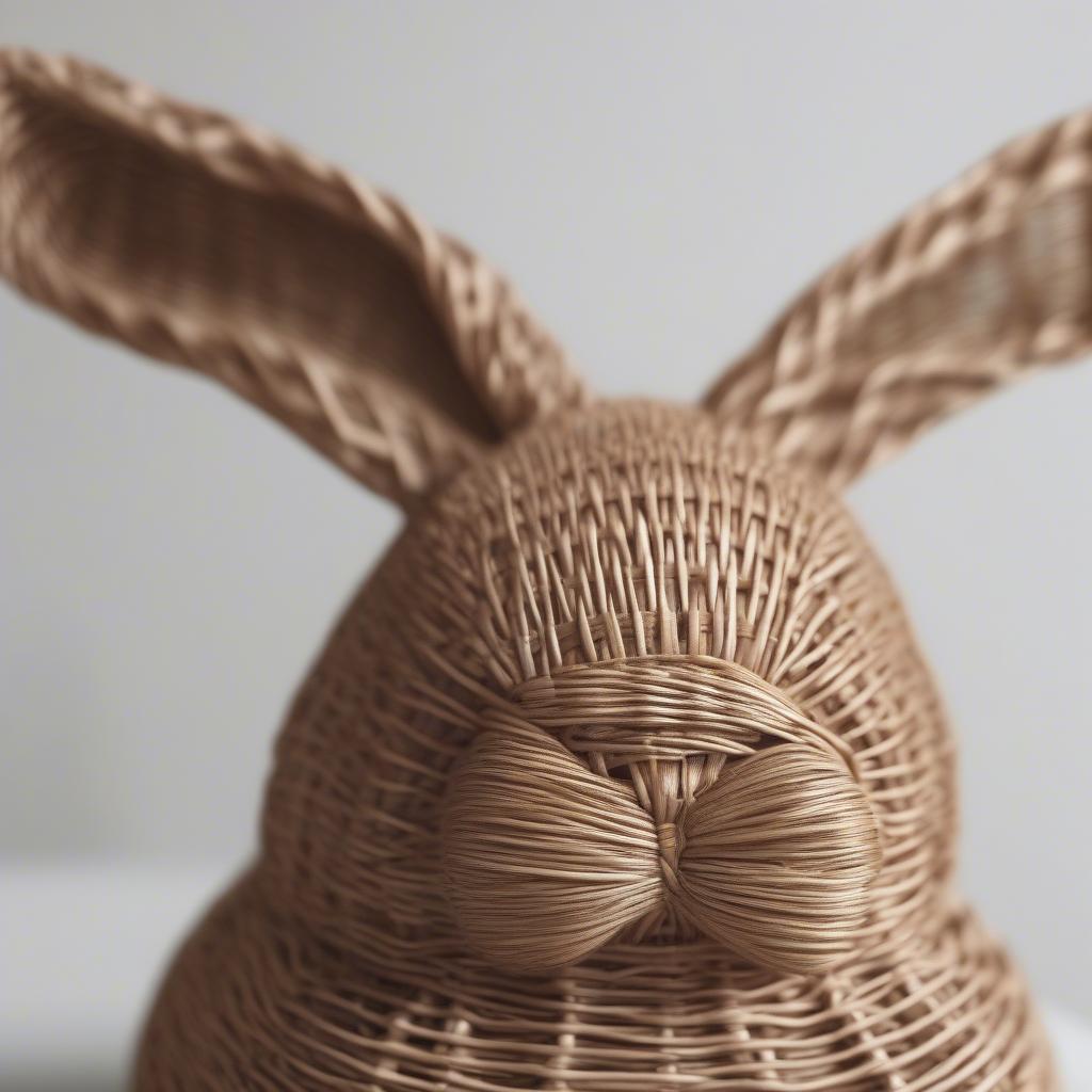 Close-up of a wicker basket weave bunny showcasing intricate weaving details and natural material texture.