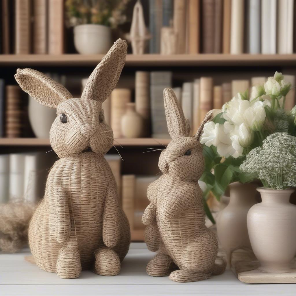 Different ways to display basket weave bunnies in home decor.