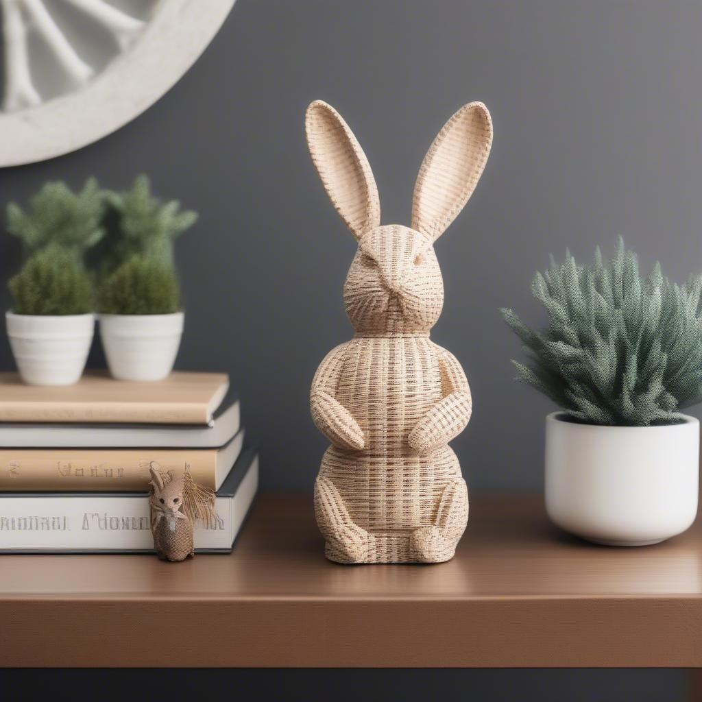 A basket weave bunny placed on a bookshelf as part of a home décor setting, showcasing how it complements other decorative elements.