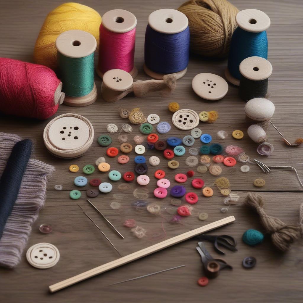 An assortment of colorful threads, needles, and button bases arranged on a crafting table.