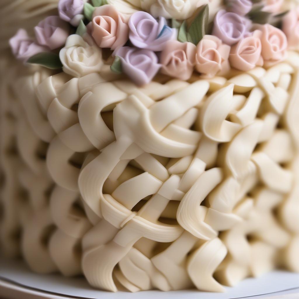 Close-up of a basket weave cake design showing the intricate frosting details