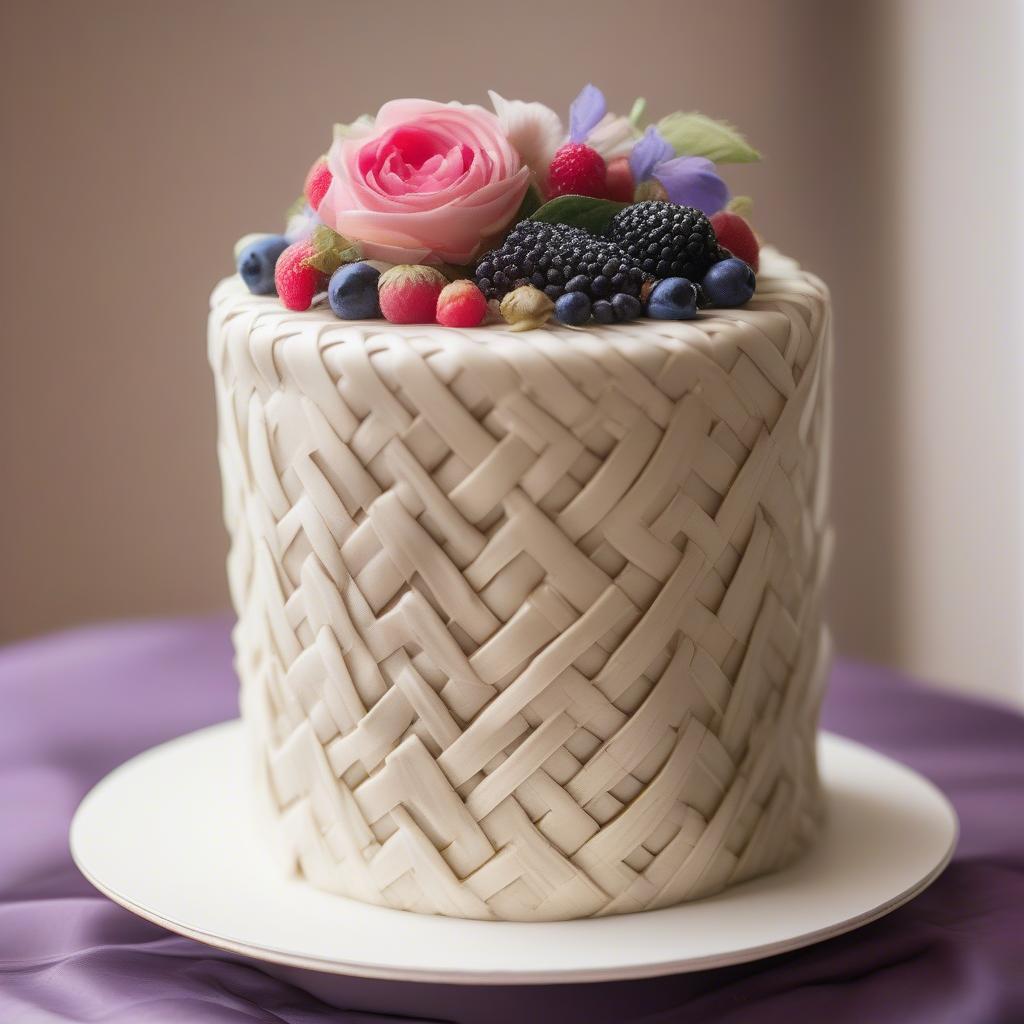 Close-up of a birthday cake decorated with a basket weave pattern