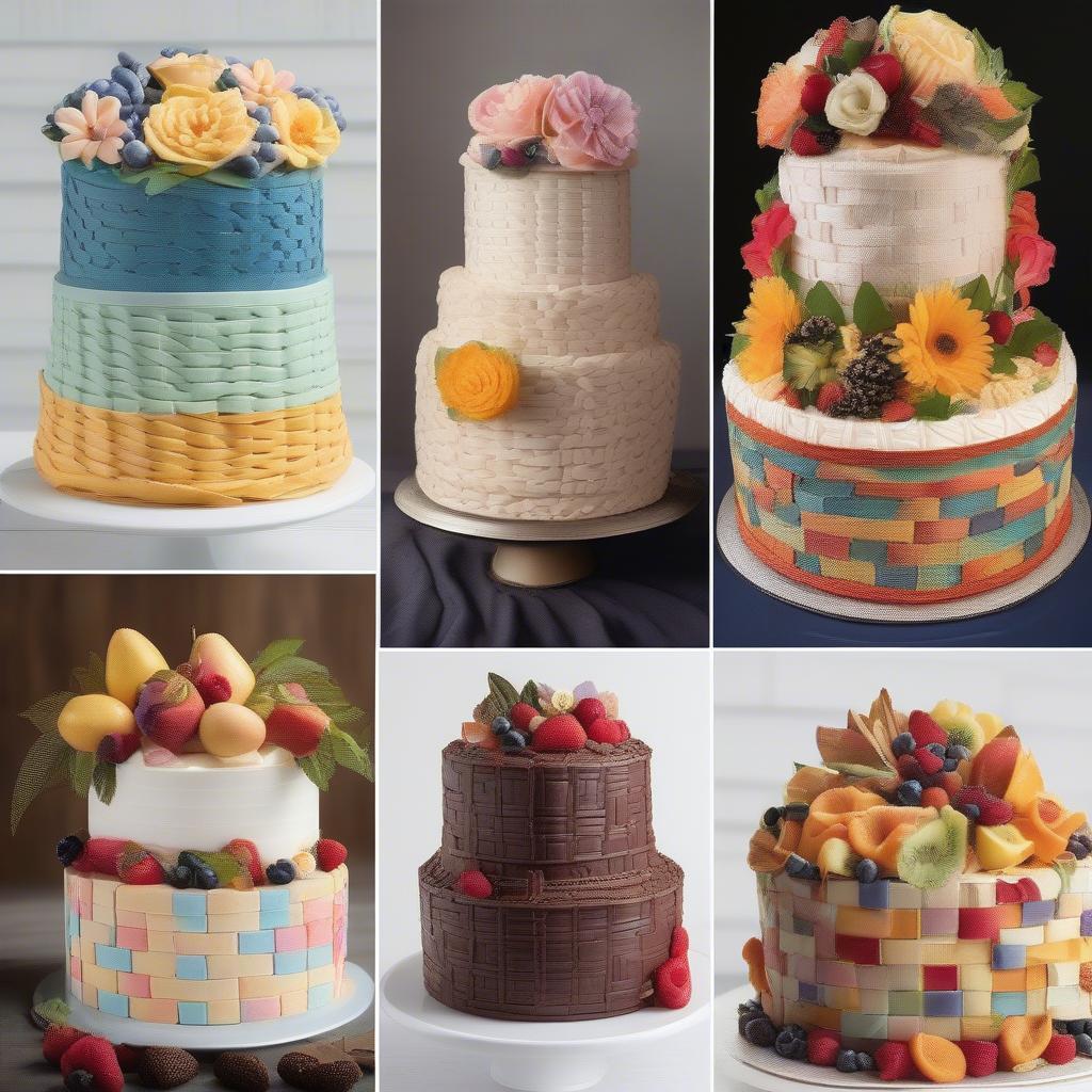 Different variations of basket weave cake designs, including color combinations and decorative elements