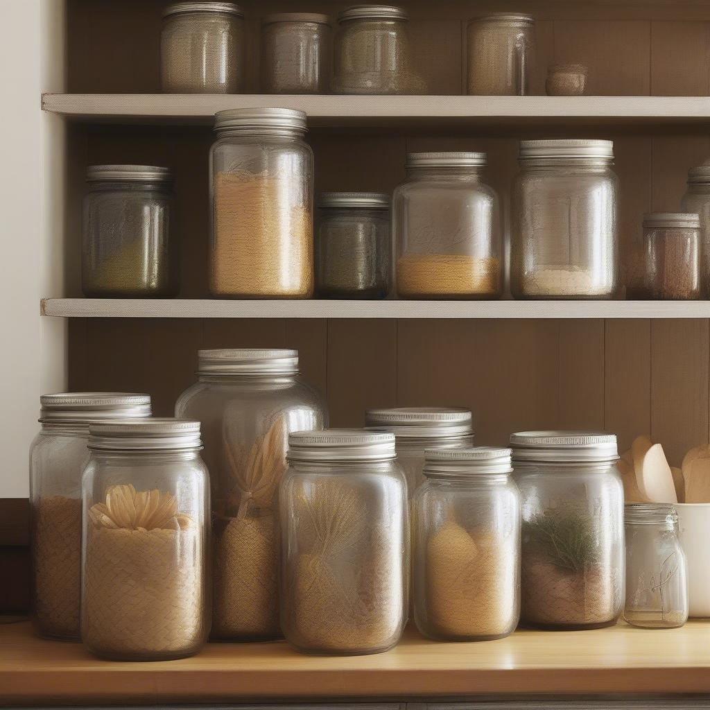 Basket weave canning jars used as decorative items in a kitchen setting.