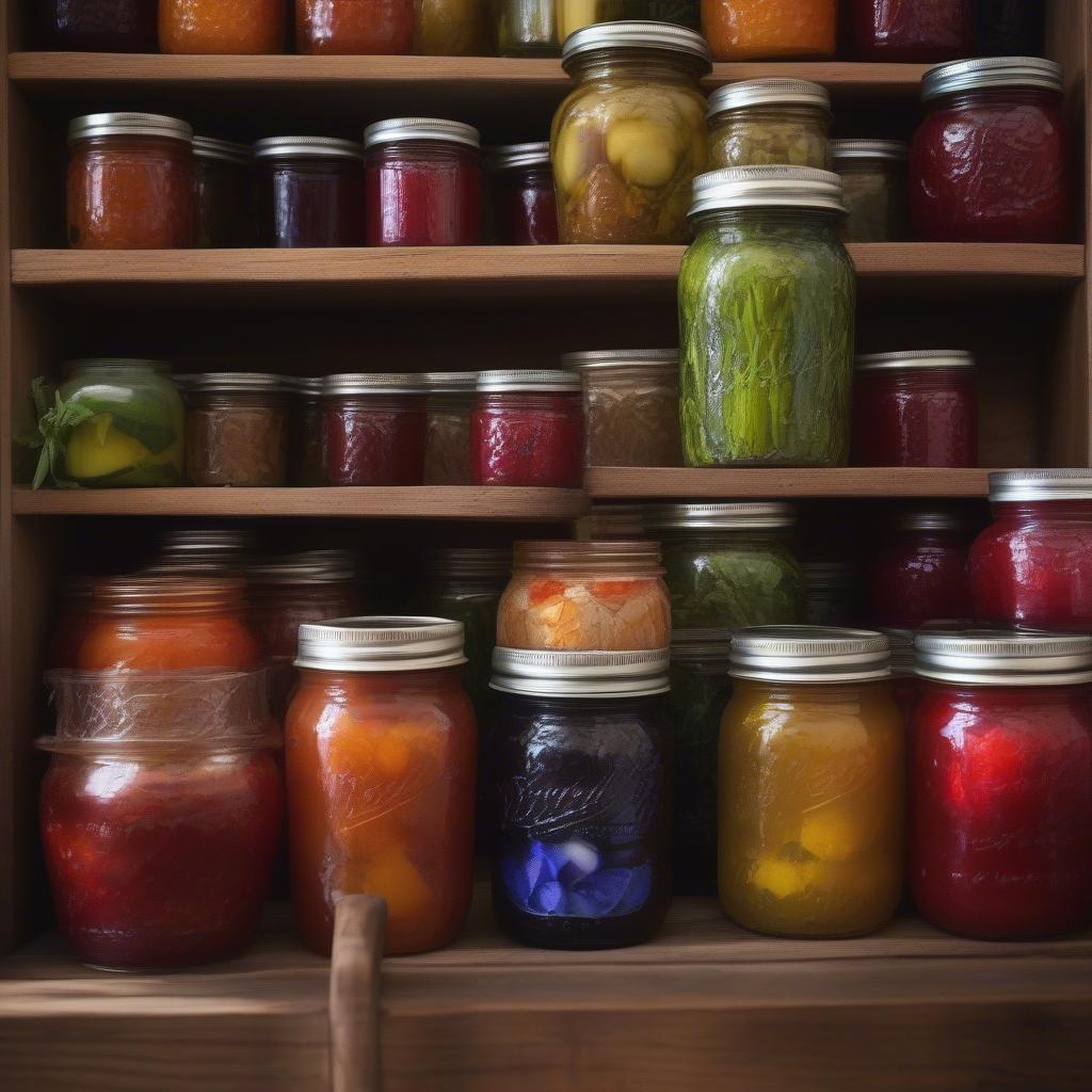 Basket weave canning jars filled with colorful preserves, showcasing the rustic charm and practical use.