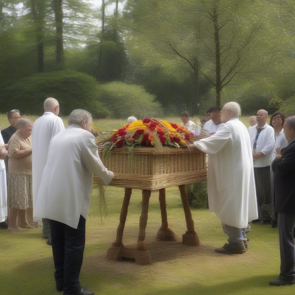 A serene burial ceremony with a basket weave casket surrounded by nature.