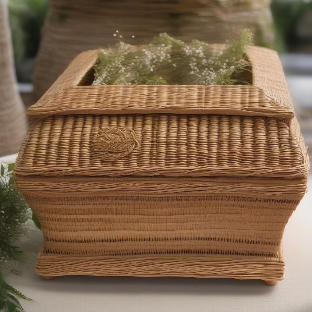 Basket weave casket made of natural wicker, showcasing intricate craftsmanship and eco-friendly design.