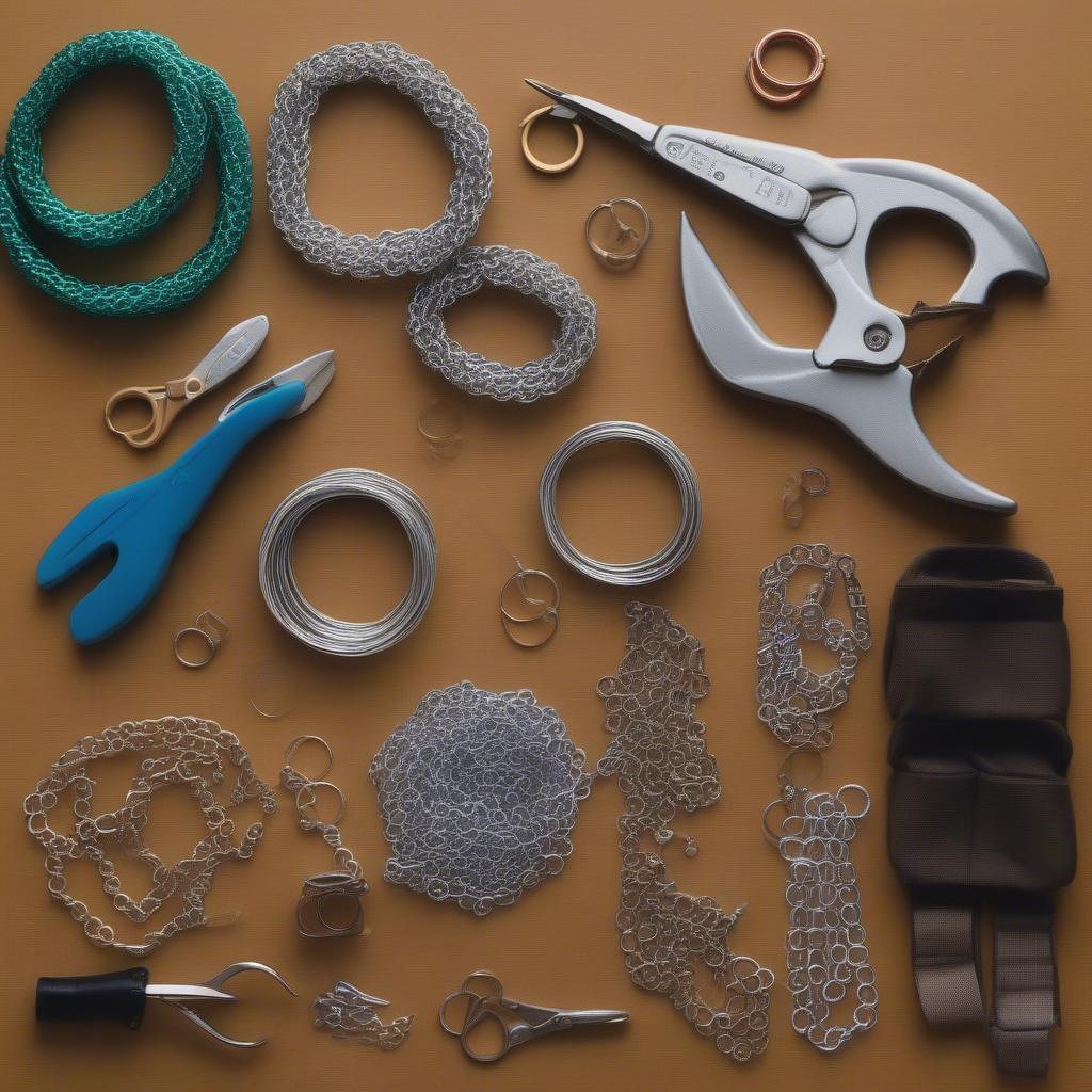 Tools and materials needed for making basket weave chainmail including jump rings and pliers