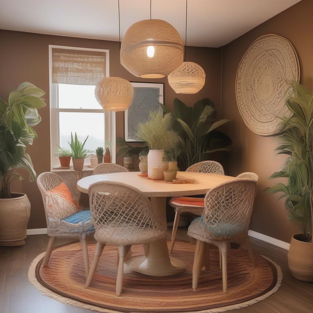 Bohemian Style Dining Room with Basket Weave Chairs