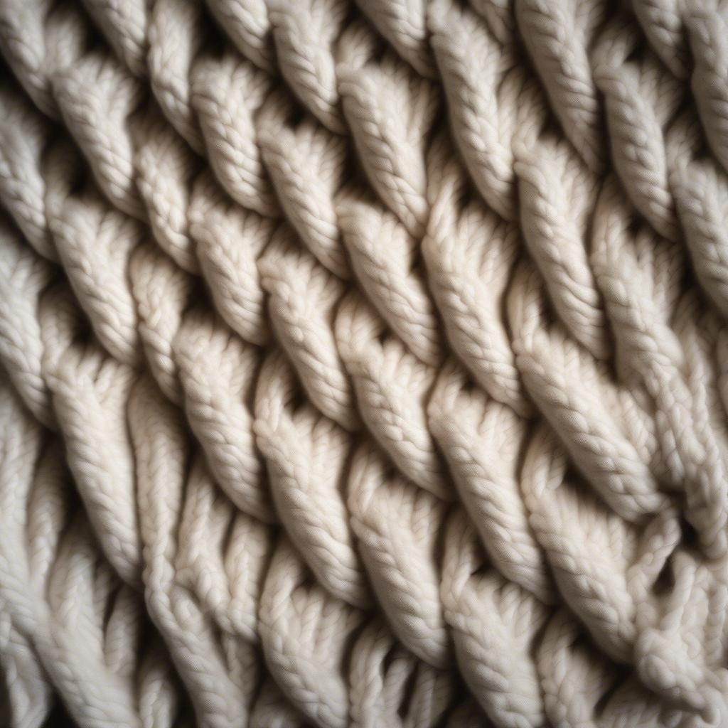 Close-up of a basket weave chunky knit blanket showcasing the intricate texture and thick yarn.