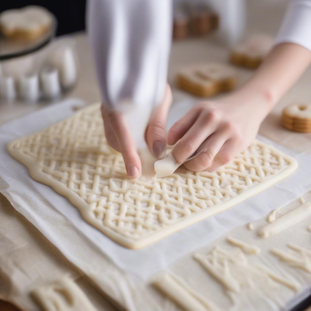 Piping Royal Icing onto Cookies for Basket Weave Design