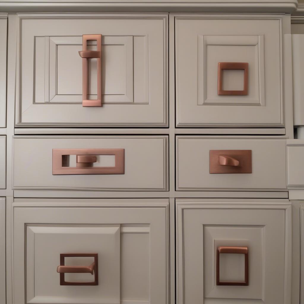 Basket Weave Copper Drawer Pulls on Cabinets