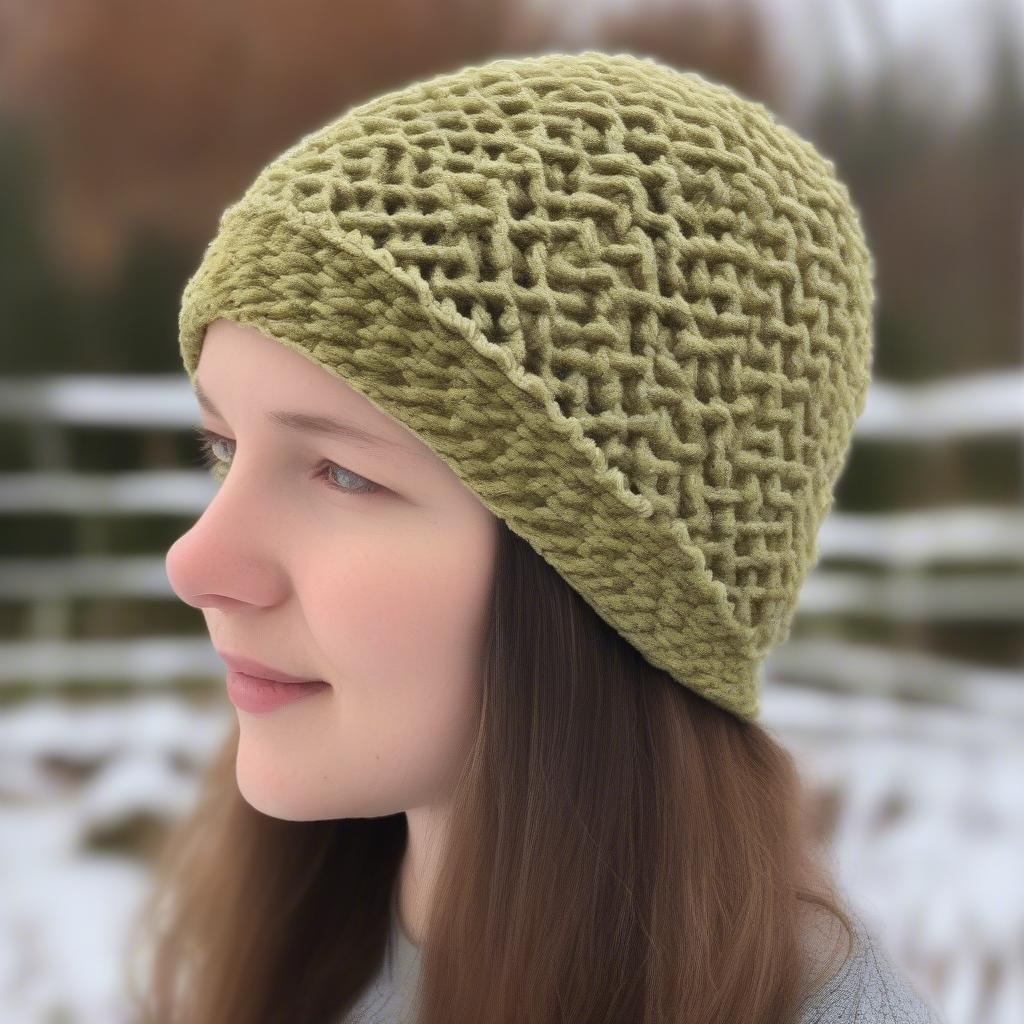 A basket weave crochet hat with a ribbed brim