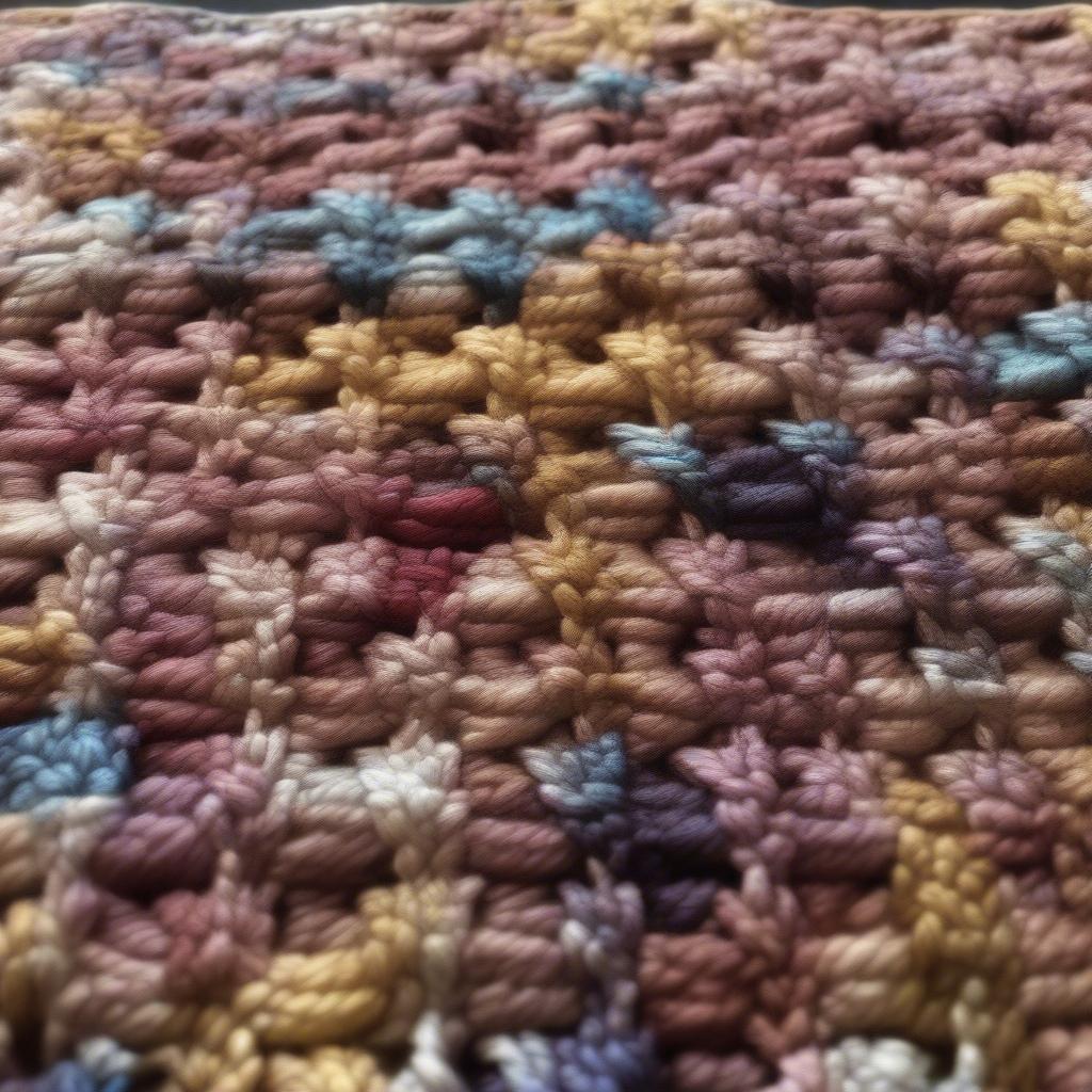 Close-up of a basket weave crochet patchwork, showcasing the intricate texture and stitch definition.