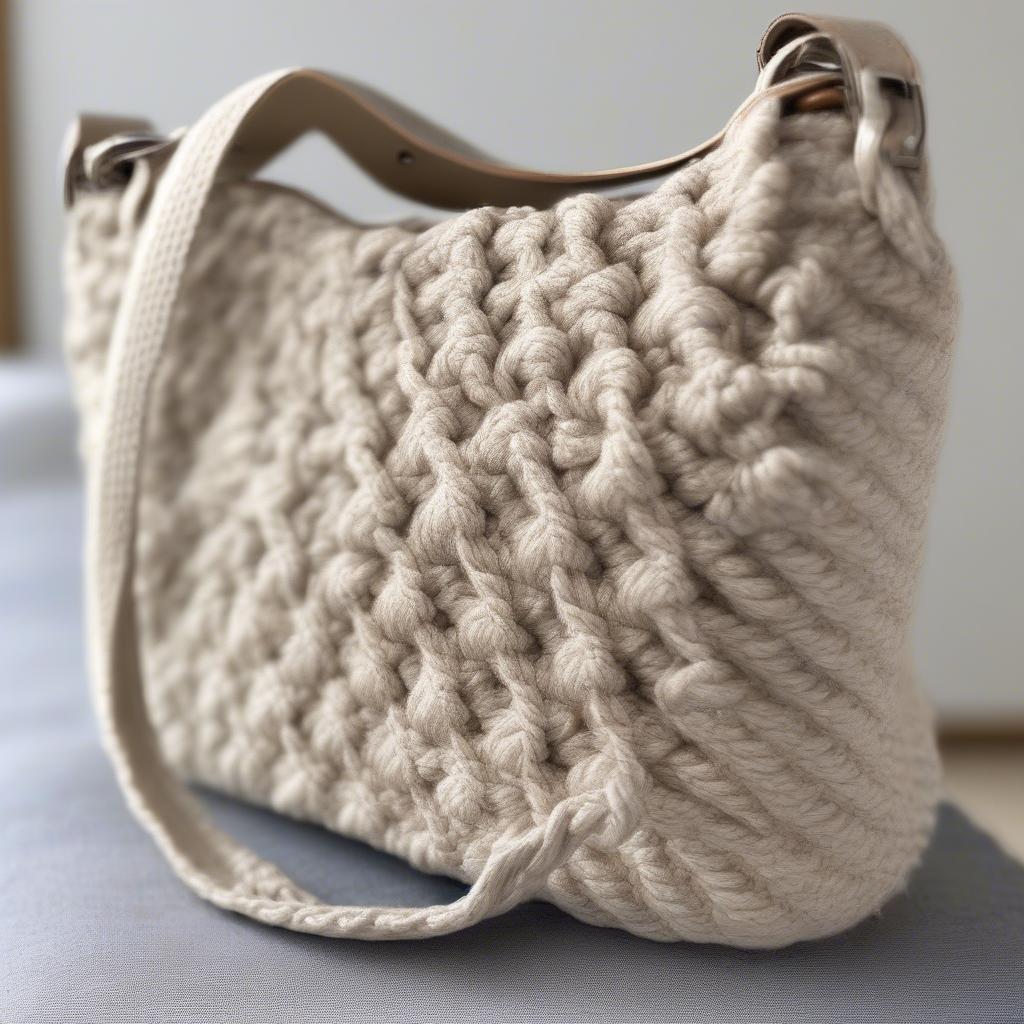 Close-up of a beautifully crafted basket weave crochet purse, showcasing the intricate stitch details and texture.